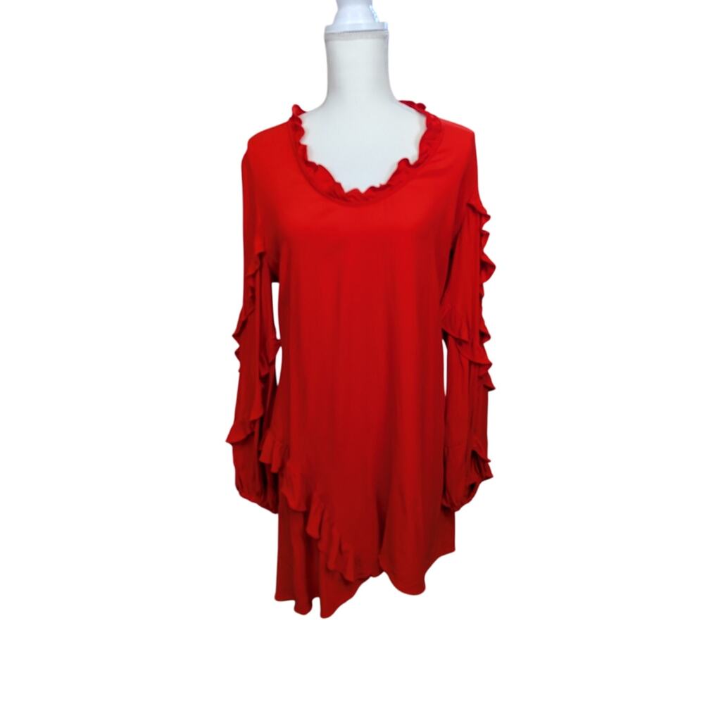 ALEXIS Red Caretti Ruffle Long Sleeve Shift Dress Size Medium